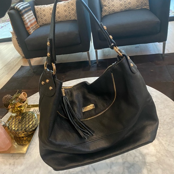 Onna Ehrlich Large Black Leather Shoulder Purse with Tassel & Gold Hardware - Picture 1 of 6